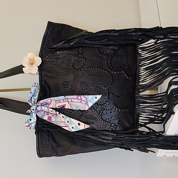 Frye Vivian Leather Fringe Tote Bag black  fringe trim - Picture 3 of 15